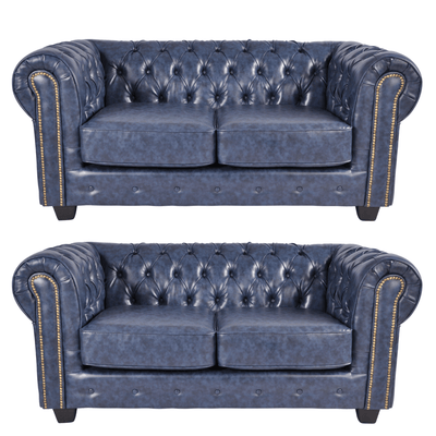 Chesterfield Blue Leather Antique 2+2 Seater Sofa Set