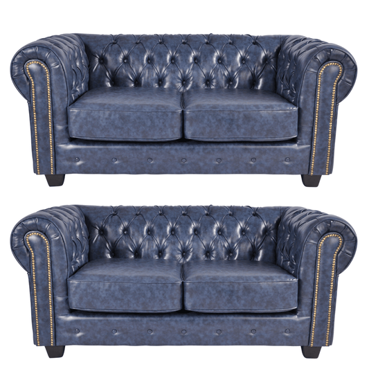 Chesterfield Blue Leather Antique 2+2 Seater Sofa Set - Furniture Instore