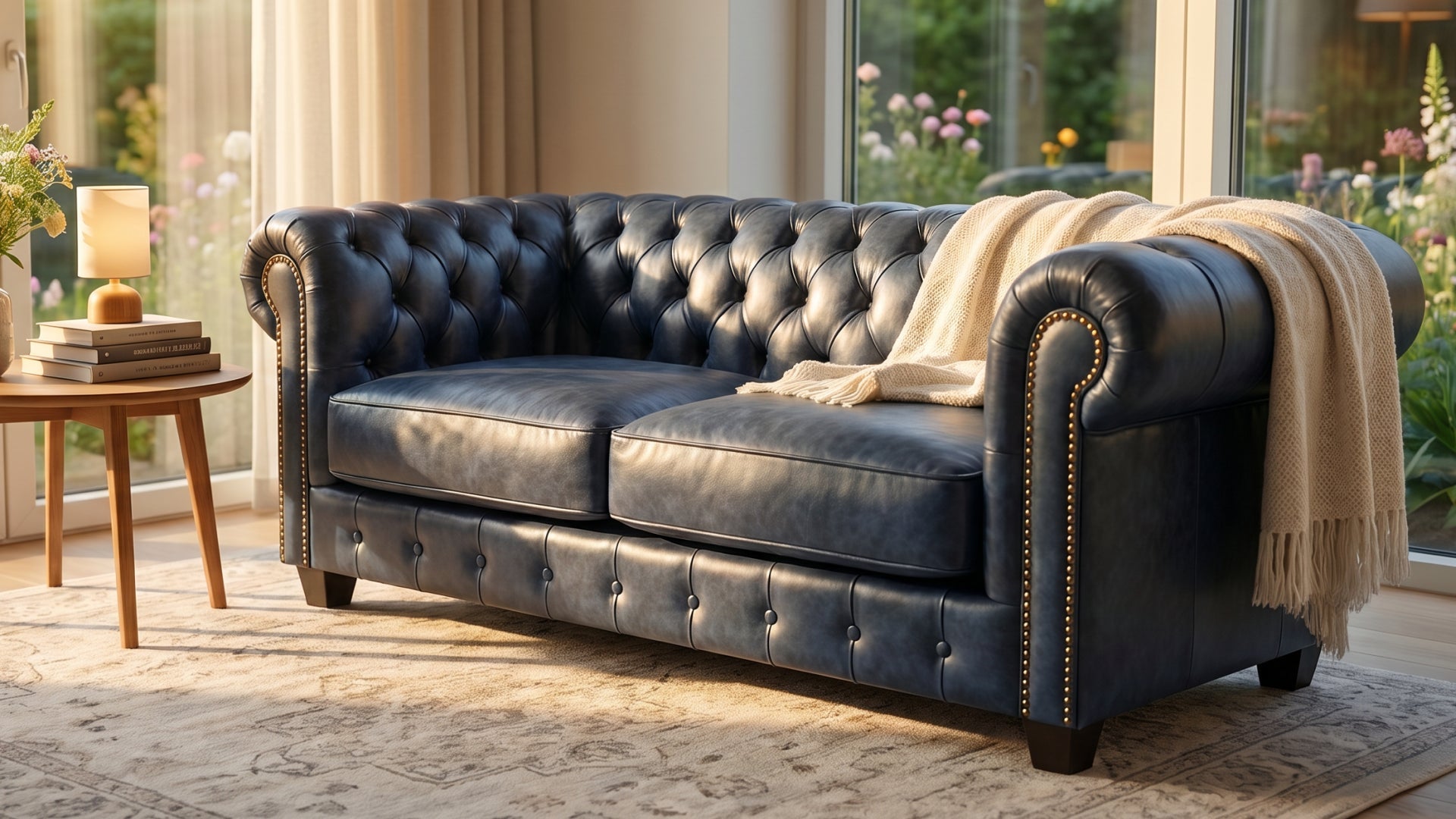 Chesterfield Blue Leather Antique 3 Seater Sofa - Furniture Instore