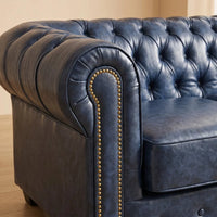 Chesterfield Blue Leather Antique 3+3 Seater Sofa Set - 3 Seater Sofa Front View - Furniture Instore