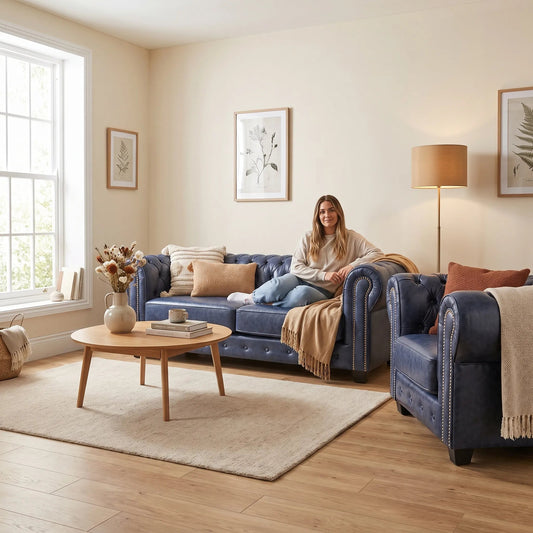 Chesterfield Blue Leather Antique 3+1 Seater Sofa Set - Furniture Instore