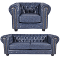 Chesterfield Blue Leather Antique 3+1 Seater Sofa Set