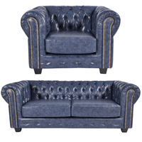 Chesterfield Blue Leather Antique 3+1 Seater Sofa Set