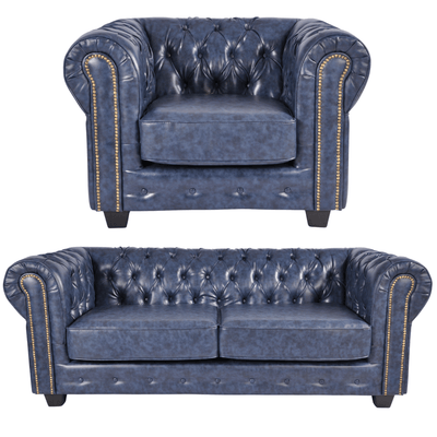 Chesterfield Blue Leather Antique 3+1 Seater Sofa Set