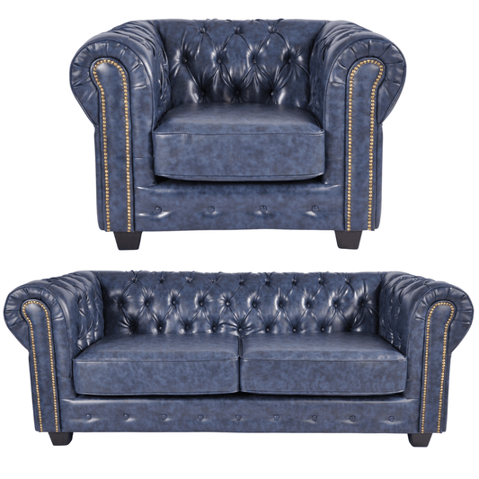 Chesterfield Blue Leather Antique 3+1 Seater Sofa Set - Furniture Instore