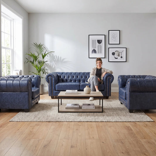 Chesterfield Blue Leather Antique 3+1+1 Seater Sofa Set - Furniture Instore