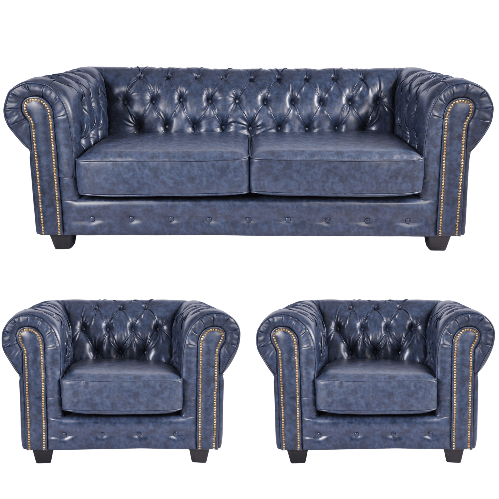 Chesterfield Blue Leather Antique 3+1+1 Seater Sofa Set - Furniture Instore