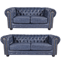 Chesterfield Blue Leather Antique 3+2 Seater Sofa Set