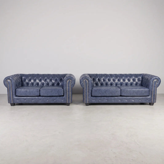 Chesterfield Blue Leather Antique 3+2 Seater Sofa Set - Furniture Instore