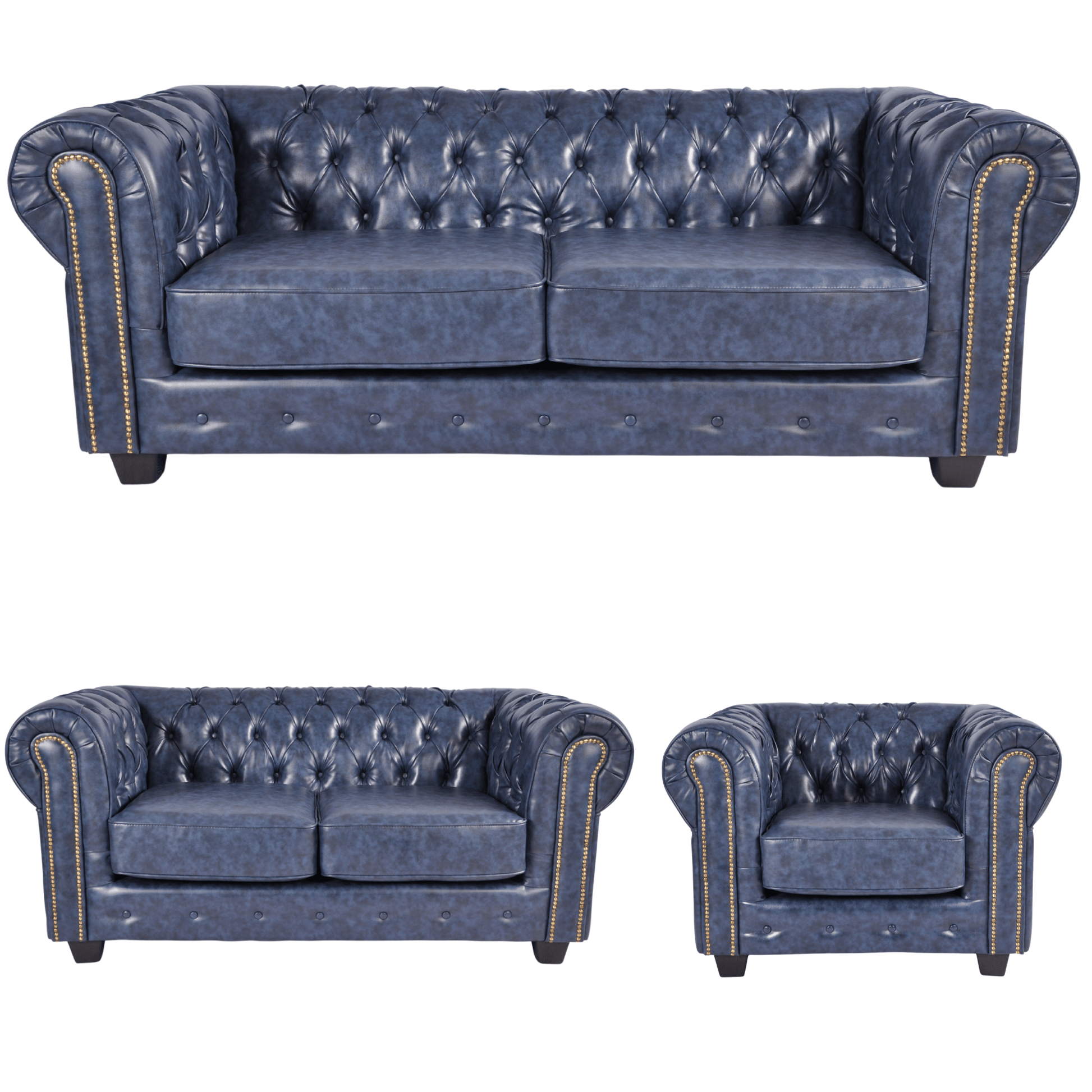Chesterfield Blue Leather Antique 3+2+1 Seater Sofa Set - Furniture Instore