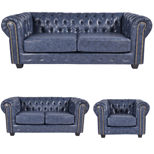Chesterfield Blue Leather Antique 3+2+1 Seater Sofa Set - Furniture Instore