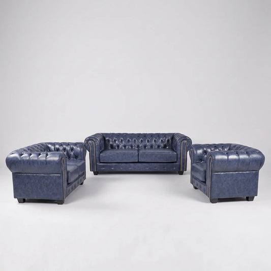 Chesterfield Blue Leather Antique 3+2+1 Seater Sofa Set - Furniture Instore