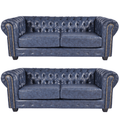 Chesterfield Blue Leather Antique 3+3 Sofa Set
