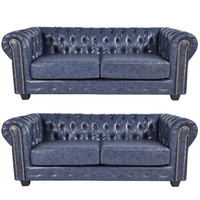 Chesterfield Blue Leather Antique 3+3 Seater Sofa Set