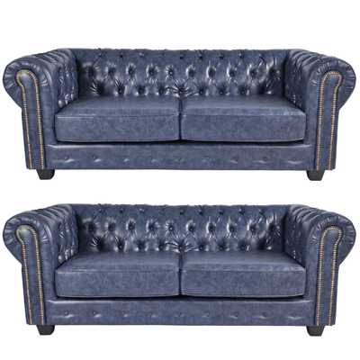 Chesterfield Blue Leather Antique 3+3 Seater Sofa Set