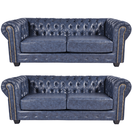 Chesterfield Blue Leather Antique 3+3 Seater Sofa Set - Furniture Instore