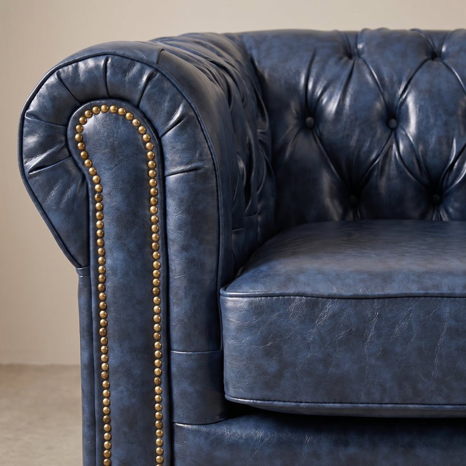 Chesterfield Blue Leather Antique Armchair - Furniture Instore