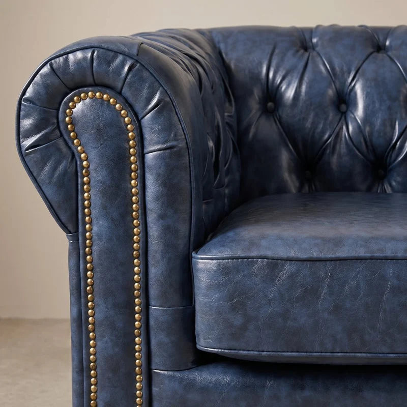 Chesterfield Blue Leather Antique 3+1+1 Seater Sofa Set - Armchair Front View - Furniture Instore