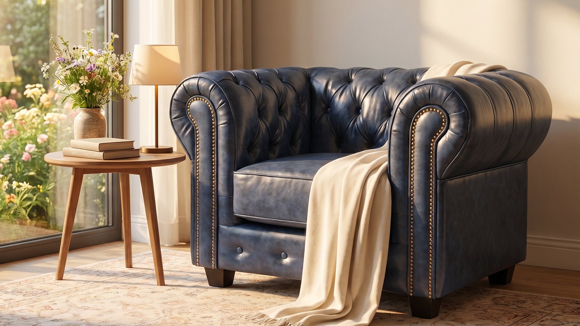 Chesterfield Blue Leather Antique Armchair - Furniture Instore