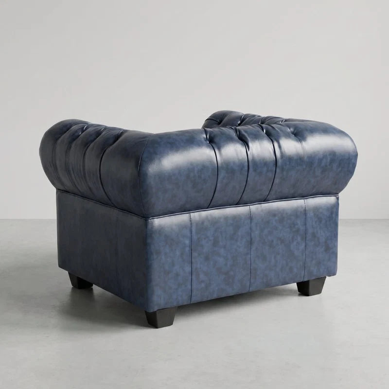 Chesterfield Blue Leather Antique 3+1+1 Seater Sofa Set - Armchair Side Profile - Furniture Instore