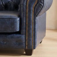 Chesterfield Blue Leather Antique 2+1+1 Seater Sofa Set - Armchair Front View - Furniture Instore