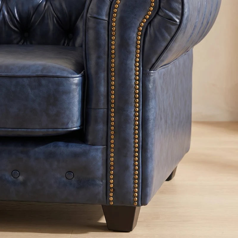 Chesterfield Blue Leather Antique 3+1 Seater Sofa Set - Armchair Front View - Furniture Instore
