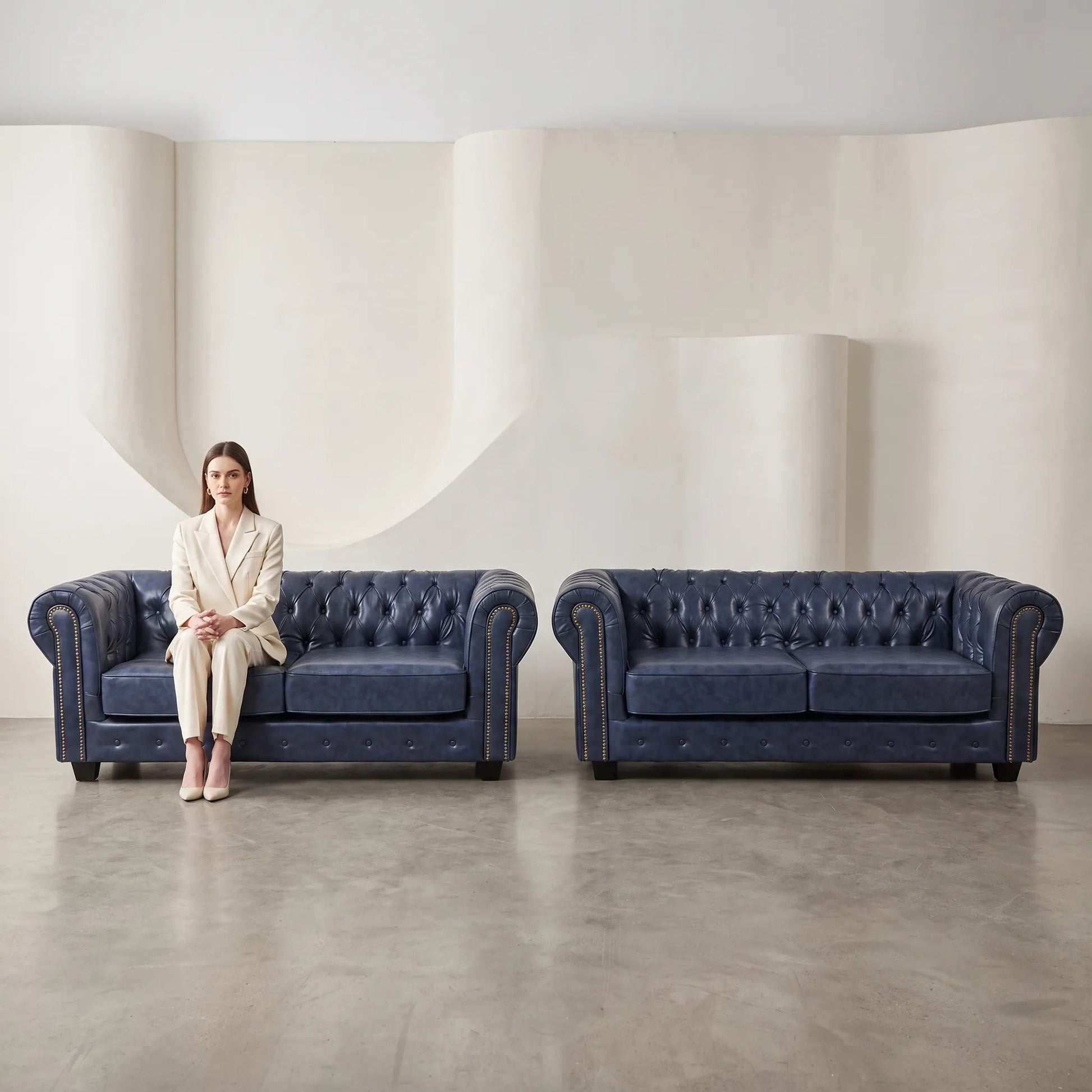 Chesterfield Blue Leather Antique Sofa Set for Living Room - Furniture Instore