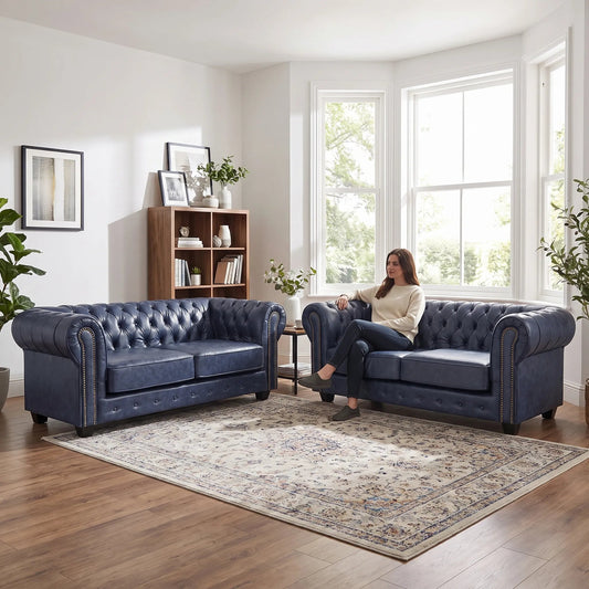 Chesterfield Blue Leather Antique Sofa Set for Living Room - Furniture Instore