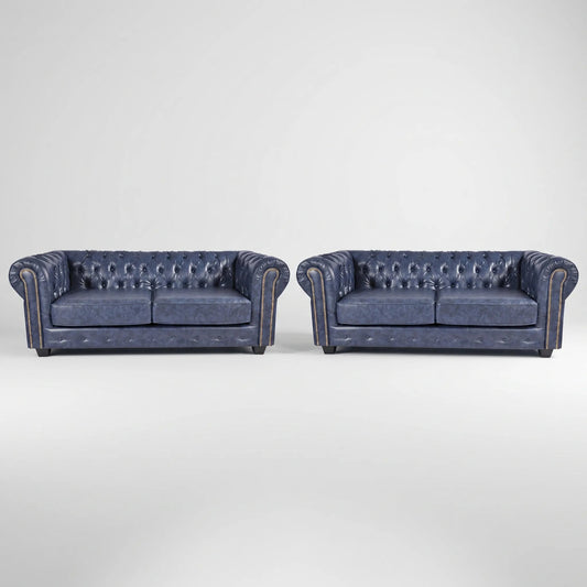 Chesterfield Blue Leather Antique Sofa Set for Living Room - Furniture Instore