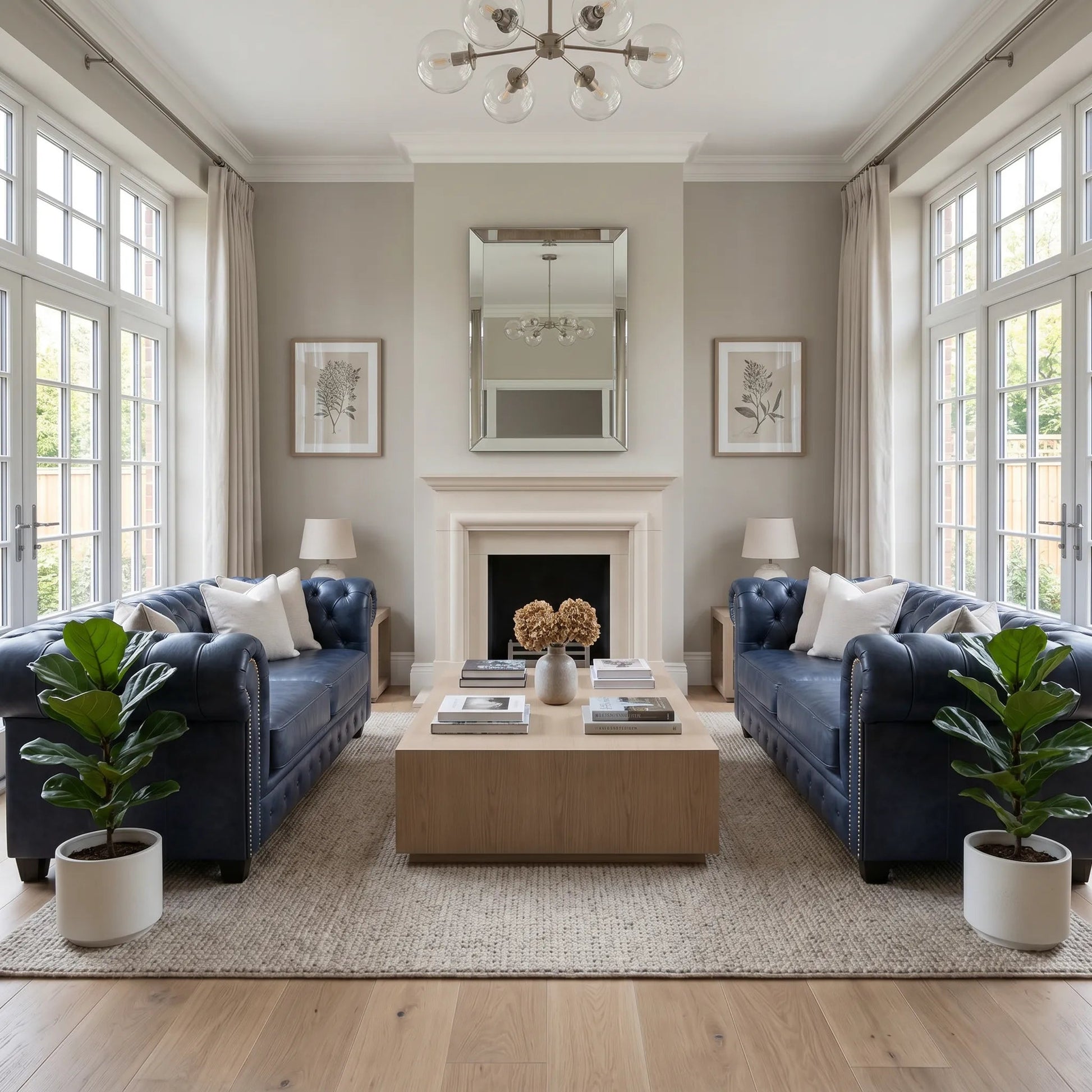 Chesterfield Blue Leather Antique Sofa Set for Living Room - Furniture Instore