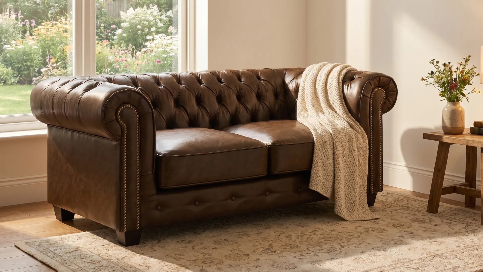 Chesterfield Brown Leather Antique 2 Seater Sofa - Furniture Instore