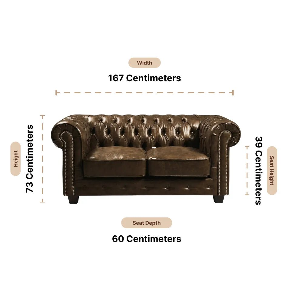 Chesterfield Brown Leather Antique 2 Seater Sofa - Furniture Instore