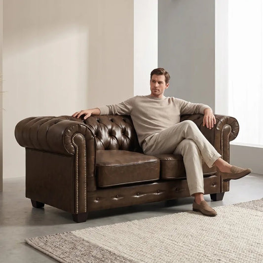 Chesterfield Brown Leather Antique 2 Seater Sofa - Furniture Instore