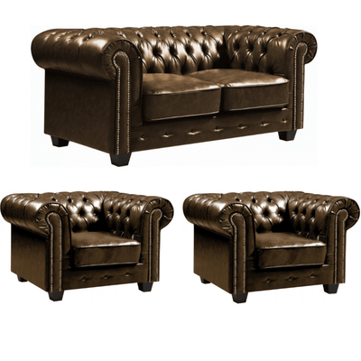 Chesterfield Brown Leather Antique 2+1+1 Seater Sofa Set