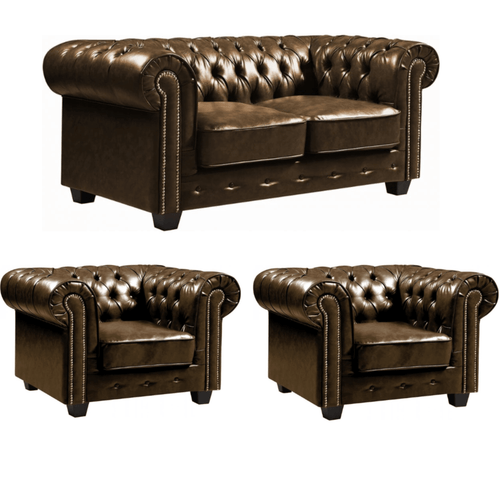 Chesterfield Brown Leather Antique 2+1+1 Seater Sofa Set