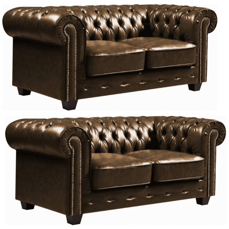 Two brown leather sofas with tufted backrests on a white background