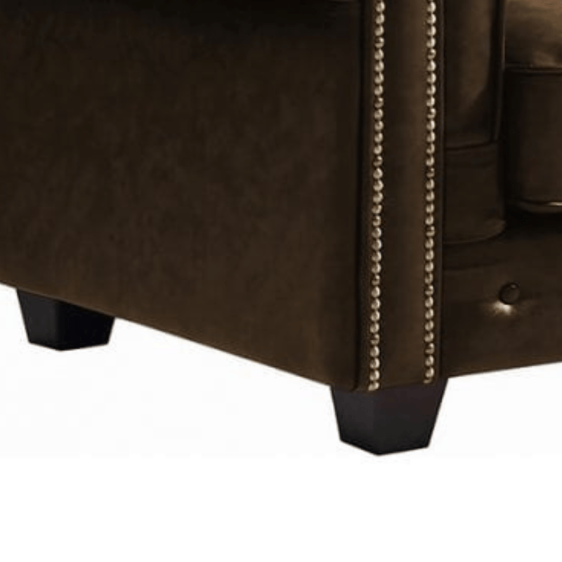 Close-up of a brown leather armchair with decorative nailhead trim on a white background