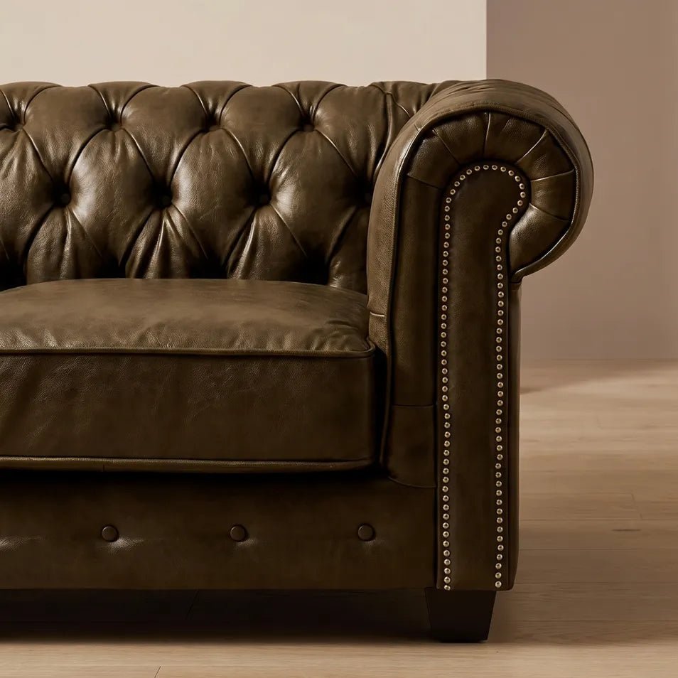Chesterfield Brown Leather Antique 3 Seater Sofa - Furniture Instore