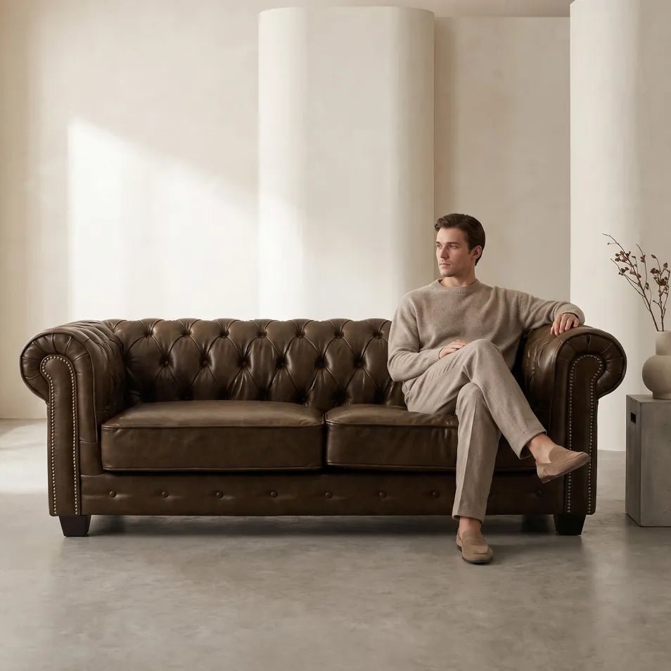 Chesterfield Brown Leather Antique 3 Seater Sofa - Furniture Instore