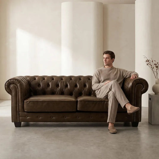 Chesterfield Brown Leather Antique 3 Seater Sofa - Furniture Instore