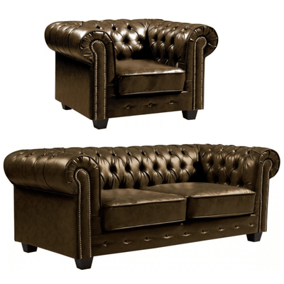 Chesterfield Brown Leather Antique 3+1 Seater Sofa Set