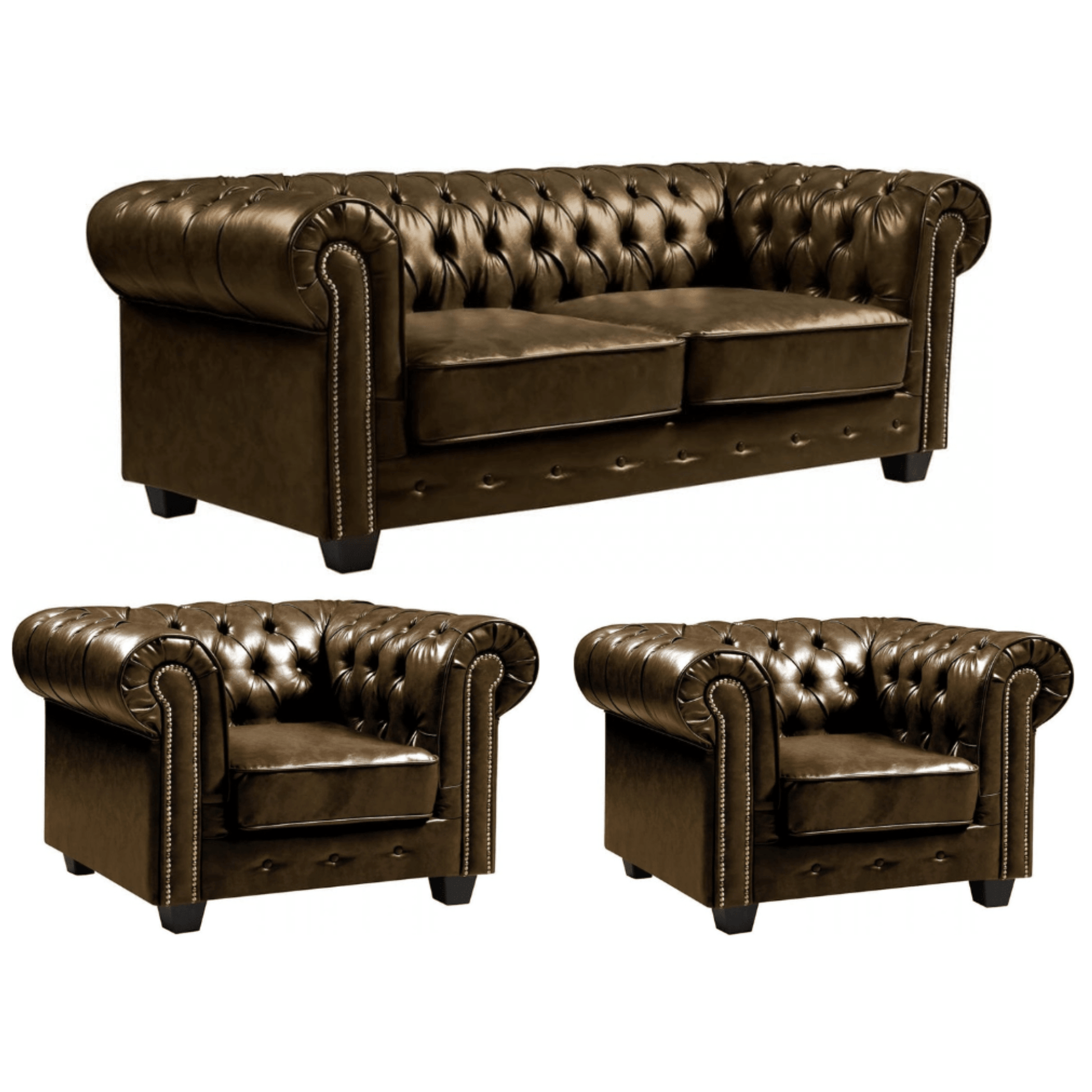 Brown leather sofa set with two armchairs on a white background