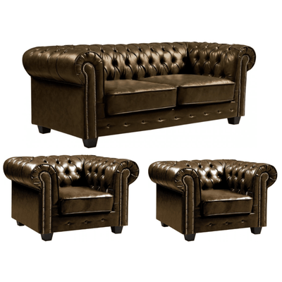 Chesterfield Brown Leather Antique 3+1+1 Seater Sofa Set