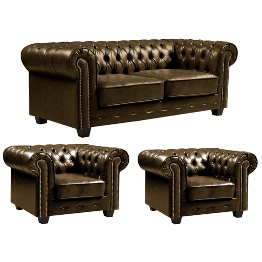 Brown leather sofa set with two armchairs on a white background