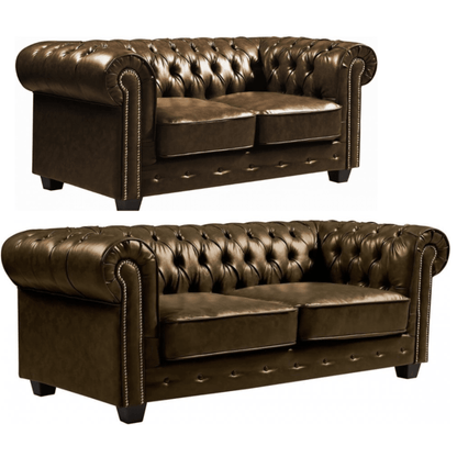 Two brown leather sofas with tufted backrests on a white background