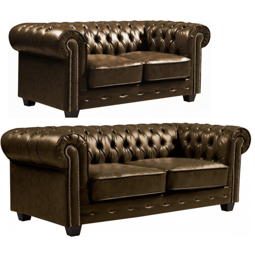 Chesterfield Brown Leather Antique 3+2 Seater Sofa Set