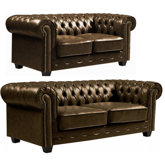 Two brown leather sofas with tufted backrests on a white background