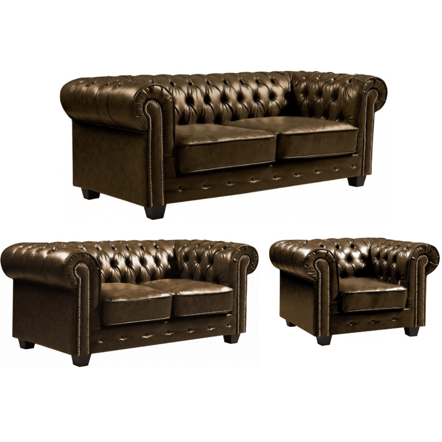 Brown leather sofa set with two armchairs on a white background