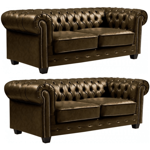 Chesterfield Brown Leather Antique 3+3 Seater Sofa Set