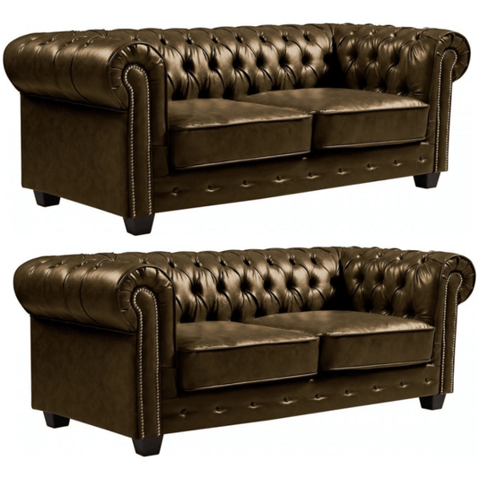 Two brown leather sofas with tufted backrests on a white background